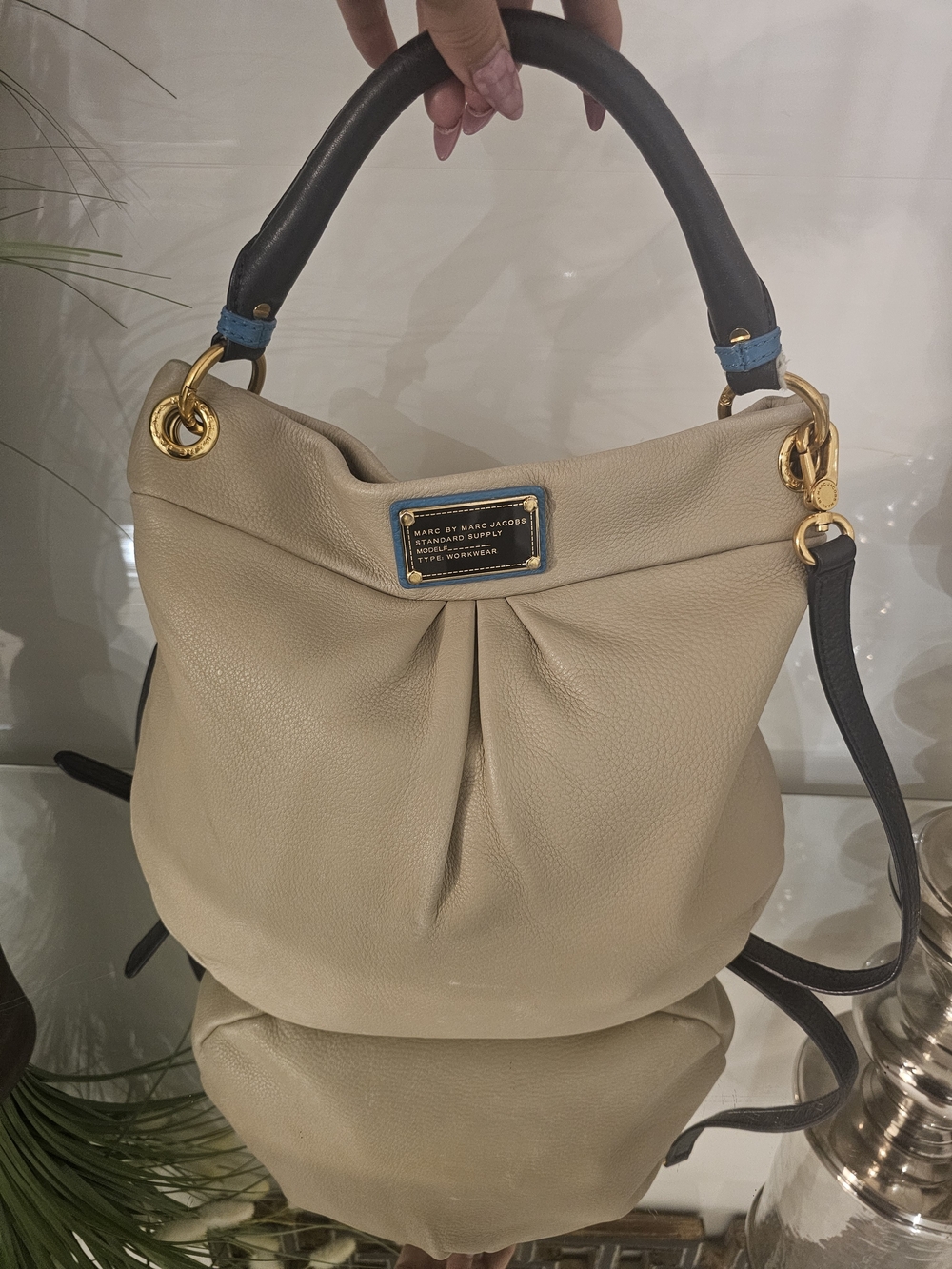 Marc by Marc Jacobs Beige Leather Hobo with Black Handle and Blue Trim